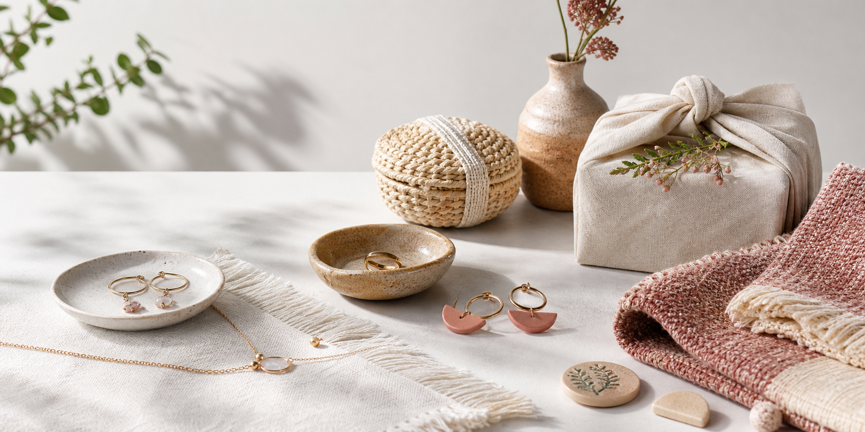 Handmade jewelry, pottery, and gift-ready pieces arranged on a bright studio table